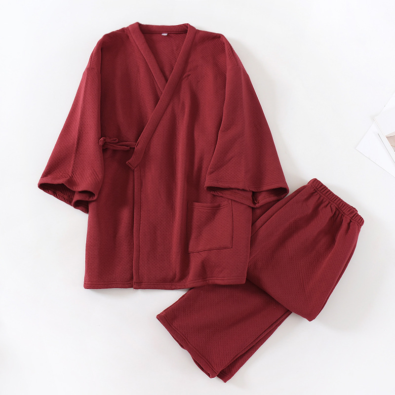 Fall/winter Japanese men's kimono pajamas knitted cotton air layer cotton plus size home clothing two-piece suit 200kg