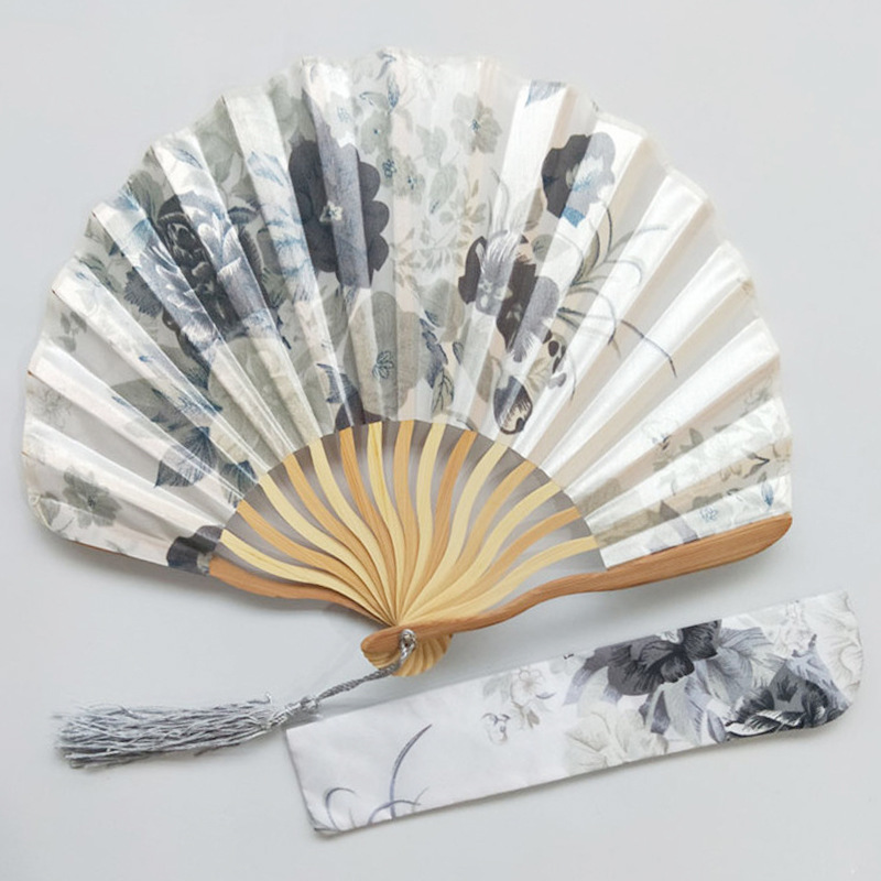 Japanese Style Women's Brown Bone Shaped Knife Fan Shell Keel Fan Silk Folding Fan + Tassel + Cloth Bag