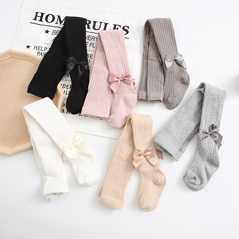 Spring and Autumn new big bow children's pantyhose leggings combed cotton six-color solid color sweet cropped girl