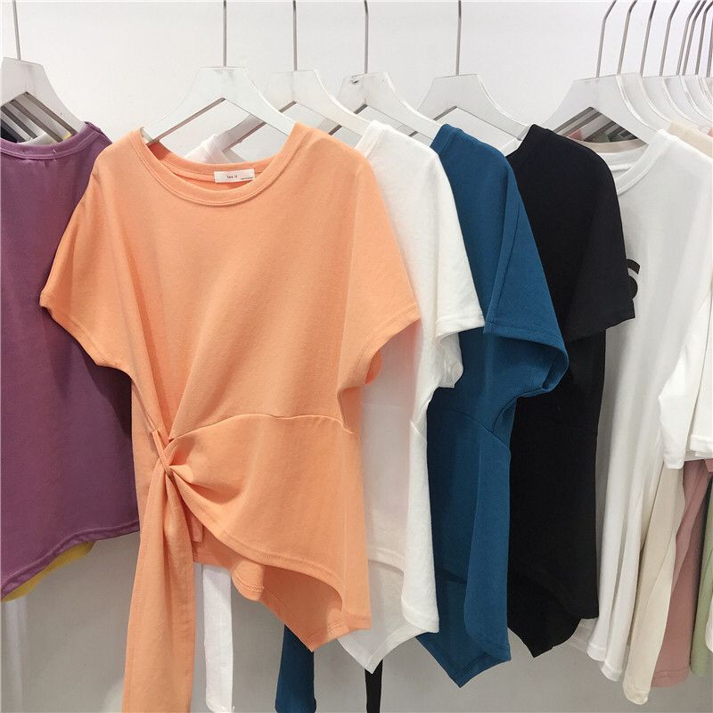 Short-sleeved T-shirt Women's Summer 2020 New Korean-style Solid Color Censored Design Sense Cross Irregular Western Style Top