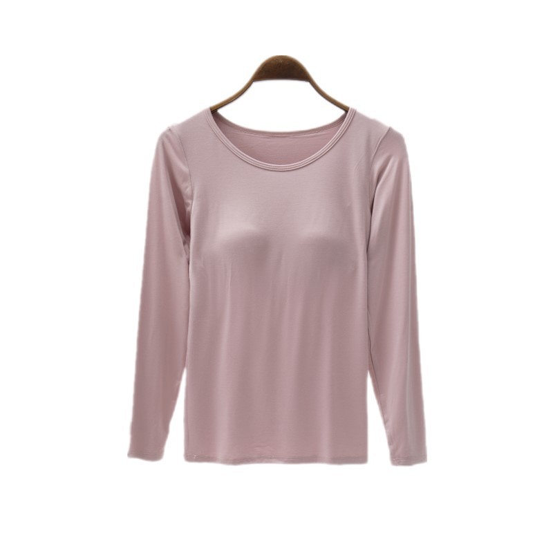 胸パッド付き丸首長袖tシャツモーダル女性無料ブラジャーカップ一体スチールリングなしパジャマ下着シャツ|undefined