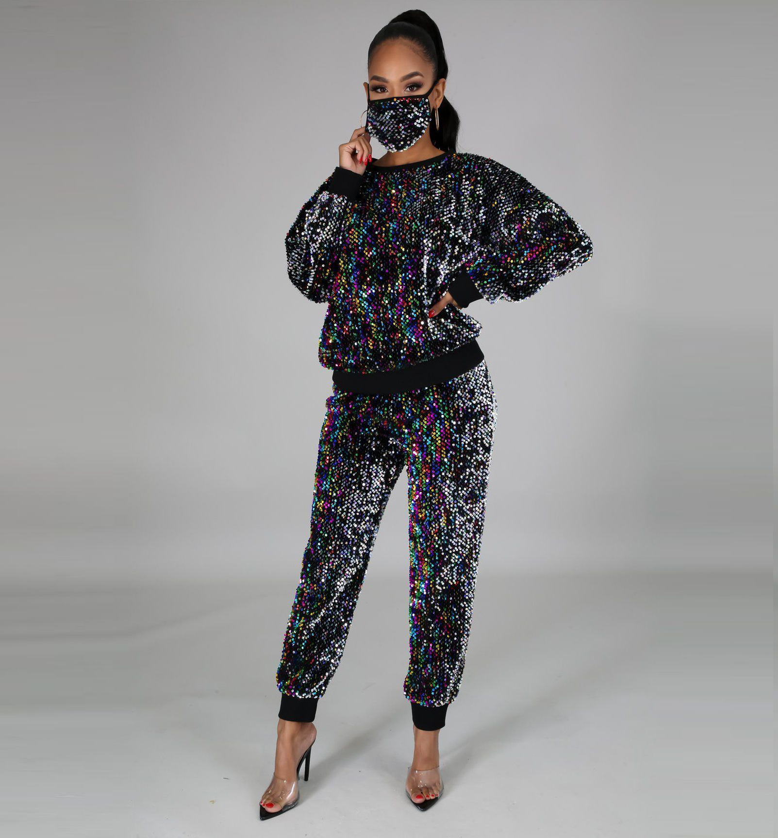 8761 European and American Amazon cross-border autumn and winter New Home sequined party long-sleeved pencil pants two-piece set with mask