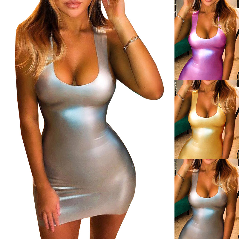 2023 Spring and Autumn New Amazon European and American women's tight sleeveless sexy patent leather hot girl nightclub dress spot