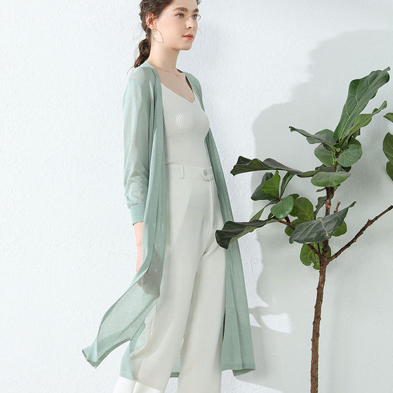 2023 Summer Women's Linen New Top Ice Silk Thin Jacket Knitted Cardigan Women's Mid-length Air Conditioner Sunscreen Shirt
