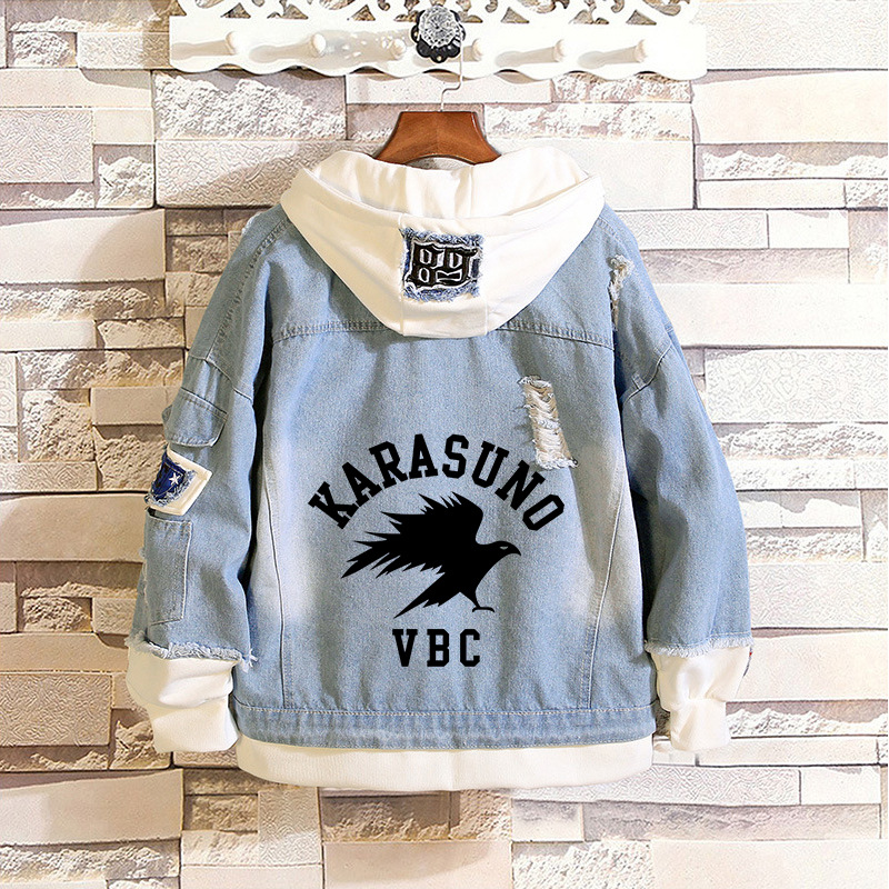 Volleyball Junior Wu Ye University Volleyball Department Rixiang Xiangyang Animation Men's and Women's Fake Two-Piece Hole Fashion Denim Jacket