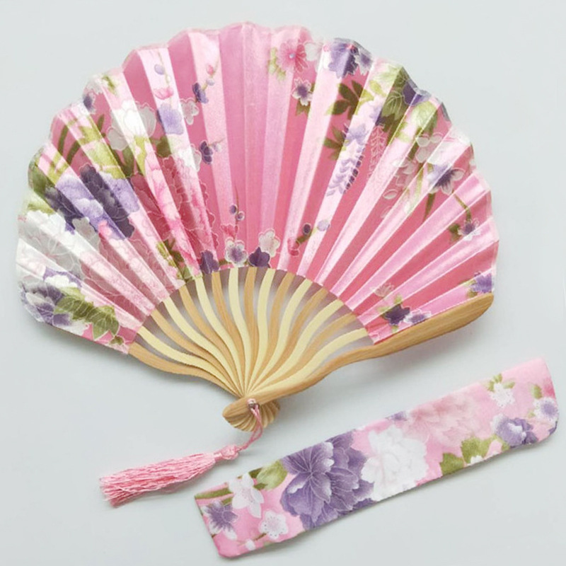 Japanese Style Women's Brown Bone Shaped Knife Fan Shell Keel Fan Silk Folding Fan + Tassel + Cloth Bag