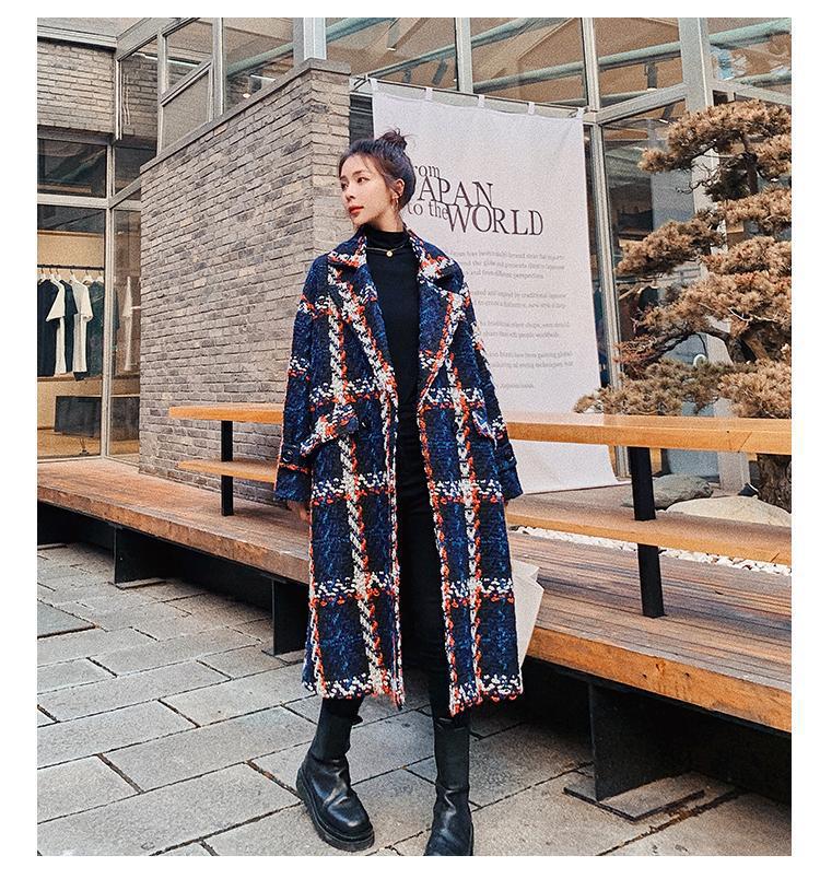 Real Shot Ins Small Style Kontrastfarbe Plaid Eleganter Anzugkragen Lockerer gerader Schlauch Mittellanger grober Wollmantel für Damen_voghion.com