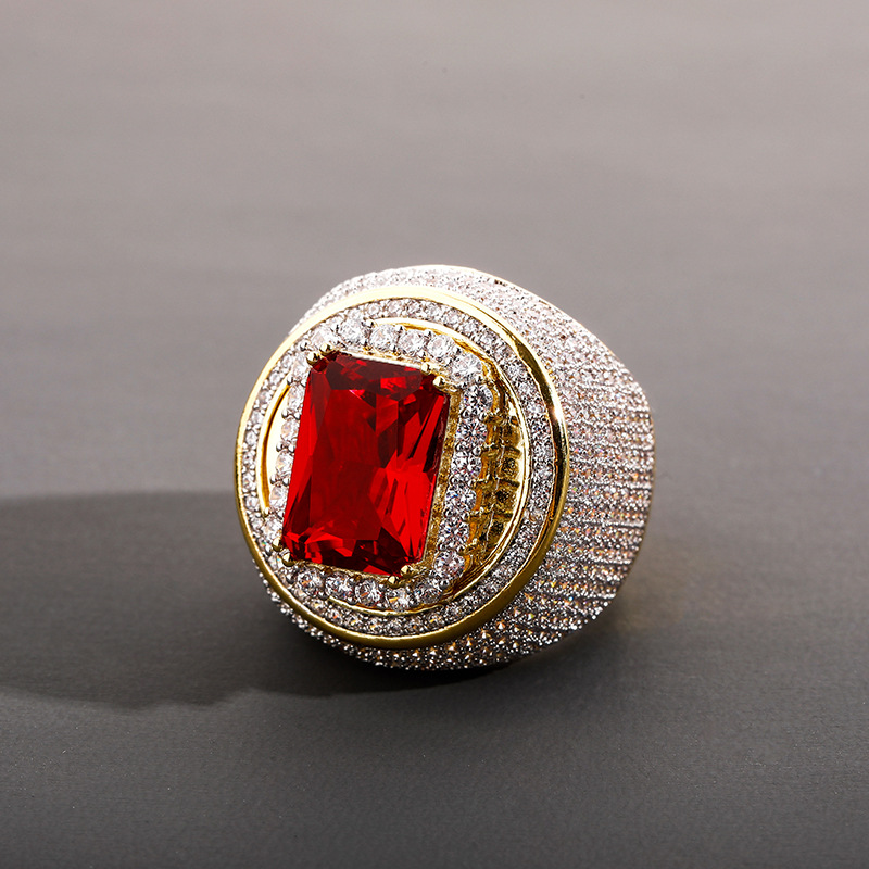 金澳飾品歐美男士滿鋯石紅寶石戒指 超閃潮人嘻哈指環Bling