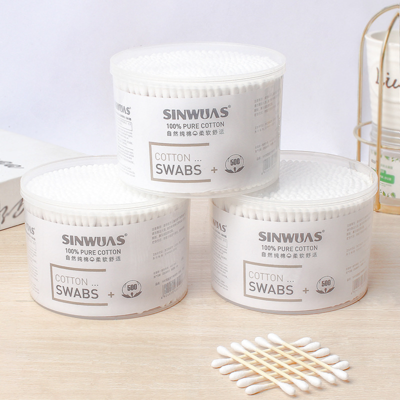 Big Bucket Family Pack 500 Cotton Swabs Round Box Disposable Cotton Swabs Double Head Cotton Stick Picked Ear Picked Ear Cosmetic Cotton