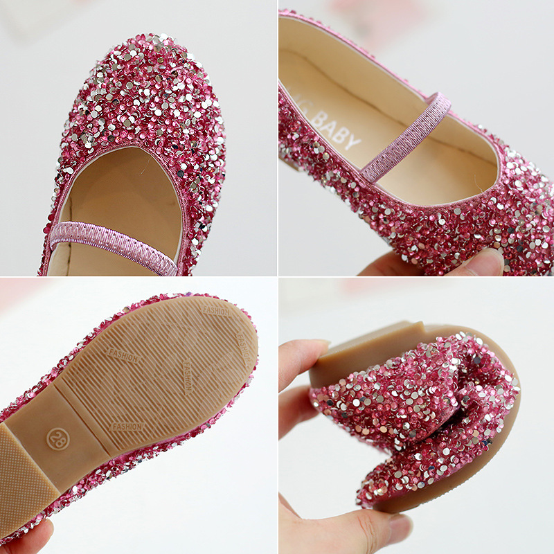 Girls' Leather Shoes Princess Shoes 2023 Spring New Candy Color Korean Style Soft-soled Children's Shoes with Sequins for Little Girls