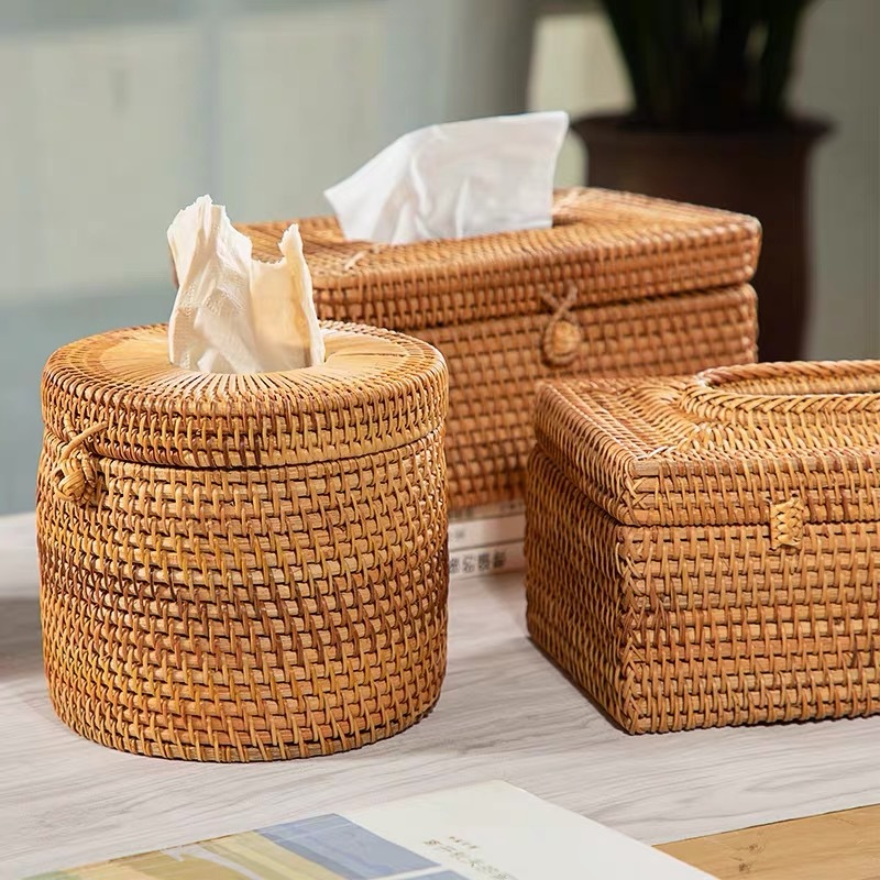 Tissue Box Vietnam Rattan Pastoral Style Living Room Office Desktop Japanese Style Woven Remote Control Tissue Box Creative