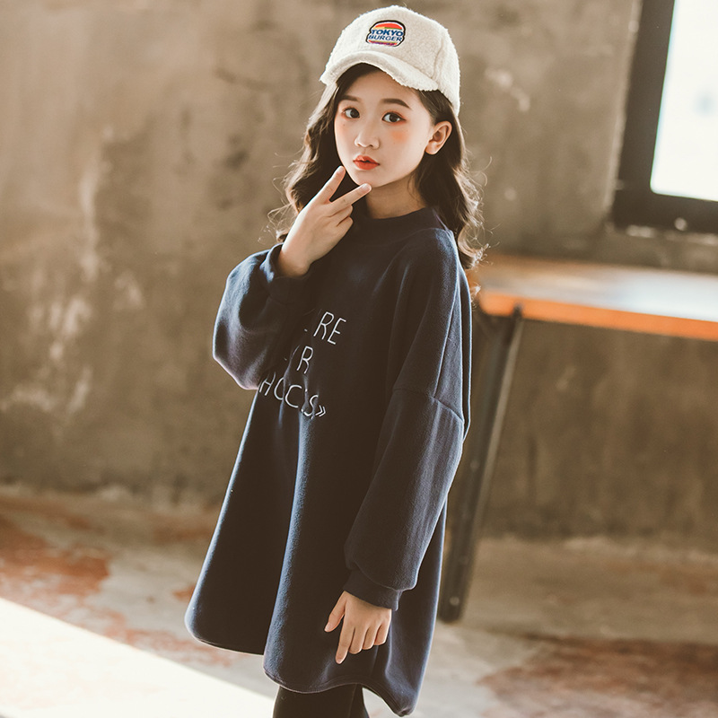 Girls' Fleece-Lined Sweater Mid-Length 2020 Autumn and Winter New Korean Style Middle and Large Children's Thickened Warm Sweater Skirt Top