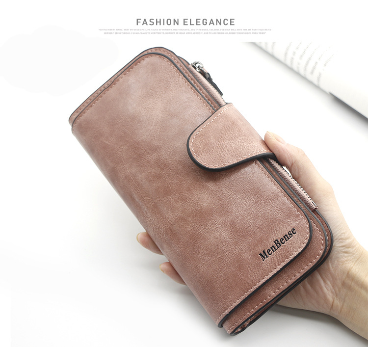 Stilvolle lange Geldbörse für Damen, einfaches Ölwachsleder, einfarbig, Münzgeldbörse, Clutch für Damen_voghion.com