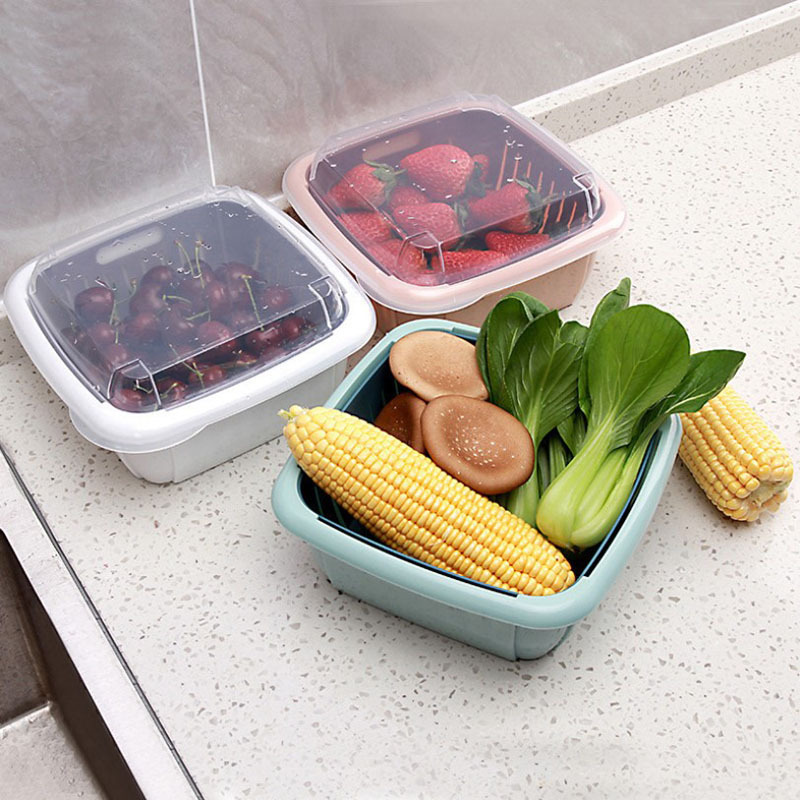 Double Layer Lid Plastic Draining Basket Sealed Fruit Grain Household Kitchen Dried Fruit Storage Box Fresh-keeping Box