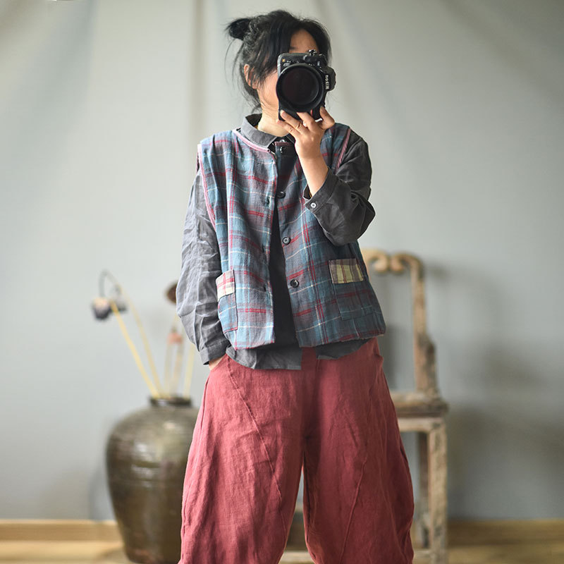 Gege/Original Cotton and Linen Women's Clothing Spring Autumn and Winter Lamb Velvet Thickened Cotton Vest Vintage Warm Shoulder Vest