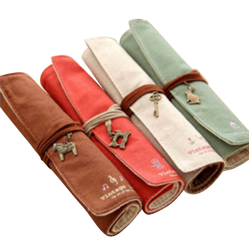 Factory direct Korean small fresh cotton retro roll pencil case creative student canvas stationery bag pen curtain