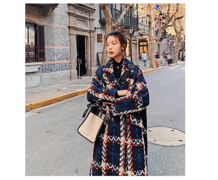 Real Shot Ins Small Style Kontrastfarbe Plaid Eleganter Anzugkragen Lockerer gerader Schlauch Mittellanger grober Wollmantel für Damen_voghion.com