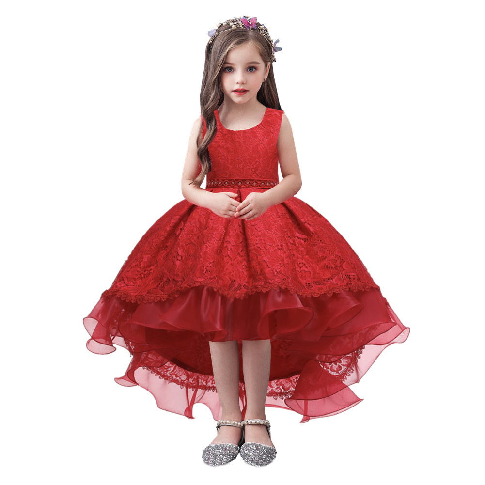 Cross-border European and American Children's Trailing Dress Sleeveless Lace Large and Large Girls Solid Color Princess Performance Stage dress