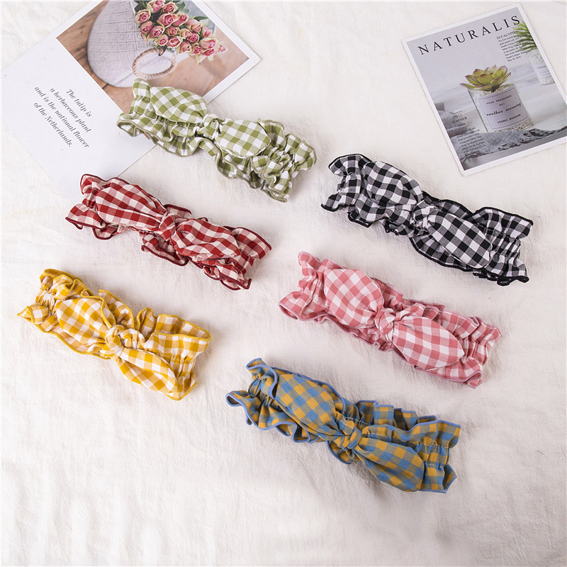 South Korea Fabric Hair Accessories Cyber Celebrant Face Wash Headband Bow Hair Band Sweet Girl Plaid Hair Band in stock