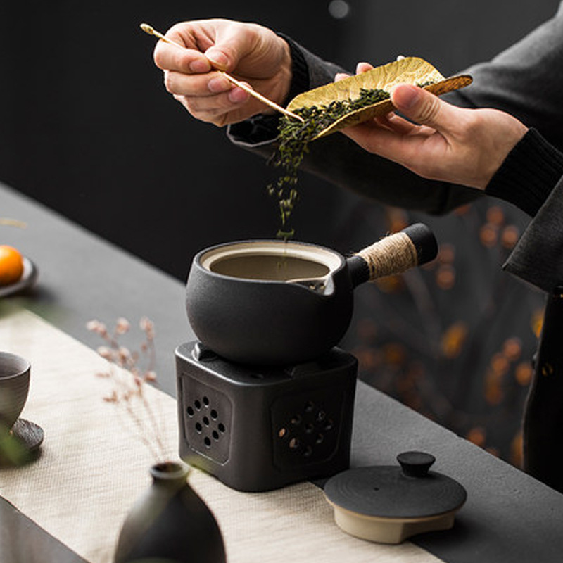 Japanese Stoneware Side Pot Large Handmade Teapot Kung Fu Tea Set Tea-making Heating Base Black Pottery Warm Tea Set