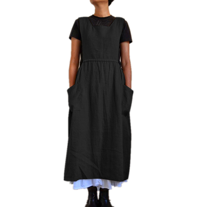 2023 Cross-border Source ebay Women's Cotton and Linen Apron High Waist Long Wai Home Clothes Loose Long Dress