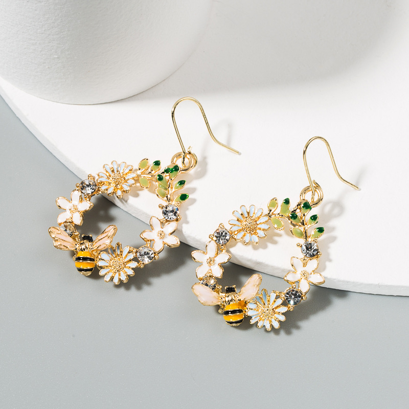 Europe and the United States cross-border creative flowers drop oil alloy earrings female S925 silver needle diamond color butterfly bee ear jewelry