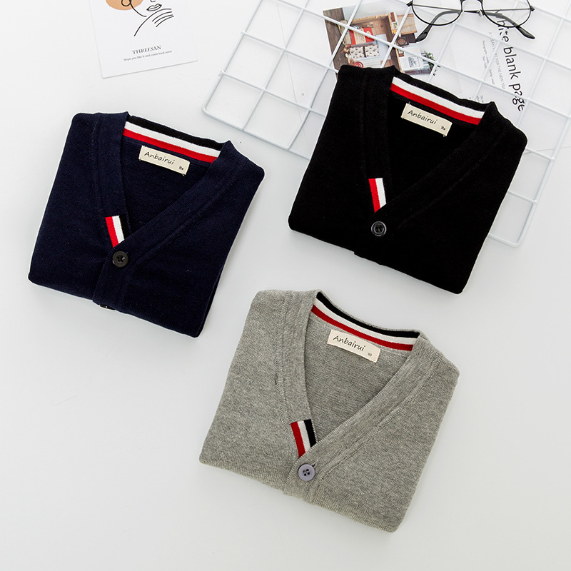 isn children's clothing 19 autumn and winter European and American children's striped knitted sweater long sleeve V-neck cardigan knitted sweater pure cotton