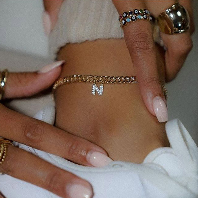 Cross-border new anklet simple all-match shiny diamond-embedded uppercase English letter anklet European and American fashion anklet jewelry