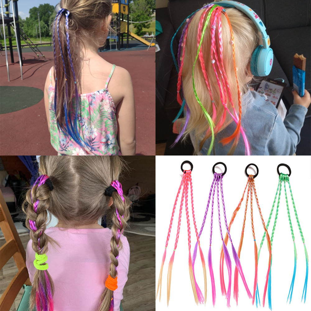 Children's Colorful Wig Braids Fashionable Twisted Hair Bands Vibrant Gradient Hair Rings Cable Knit Accessories