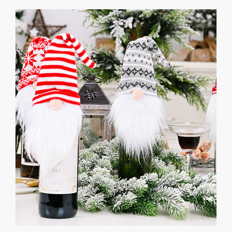 Haube Neue Weihnachtsdekoration Strickmütze Wald Alter Mann Weinset Gesichtslose Puppe Weindeckel Weinflaschendekoration_voghion.com