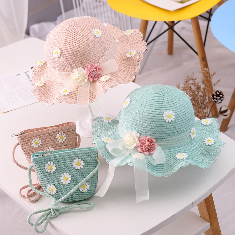 Chapeau de paille pour fille, chapeau d'été en ruban de paille, chapeau pare-soleil à fleurs, chapeau de pêcheur, ensemble de sacs de protection solaire parent-enfant_voghion.com
