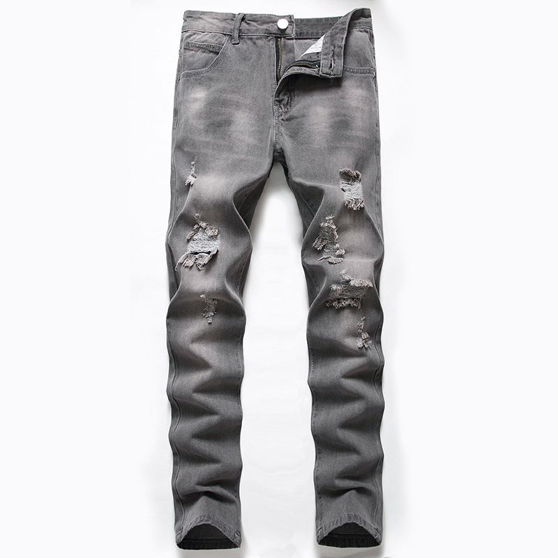 Men's Jeans European and American New Gray Black Ripped Jeans Men's Foreign Trade Straight Pants Cross-border Men's Fashion