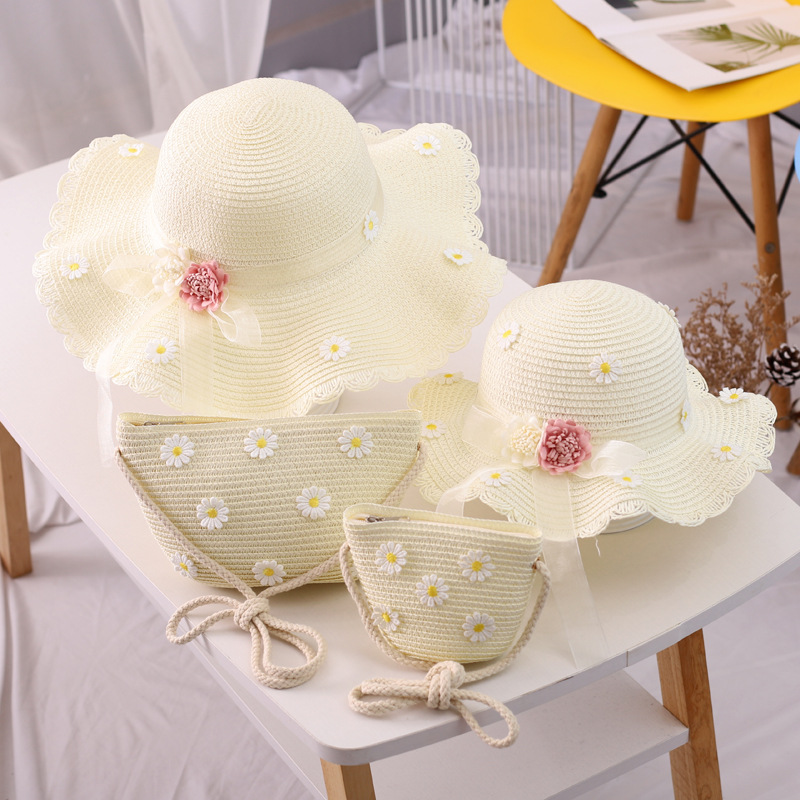 Chapeau de paille pour fille, chapeau d'été en ruban de paille, chapeau pare-soleil à fleurs, chapeau de pêcheur, ensemble de sacs de protection solaire parent-enfant_voghion.com