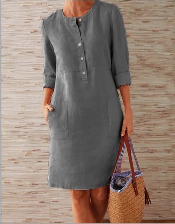 2024 cross-border spring new Amazon AliExpress explosions plus size women's cotton and linen round neck long sleeve dress