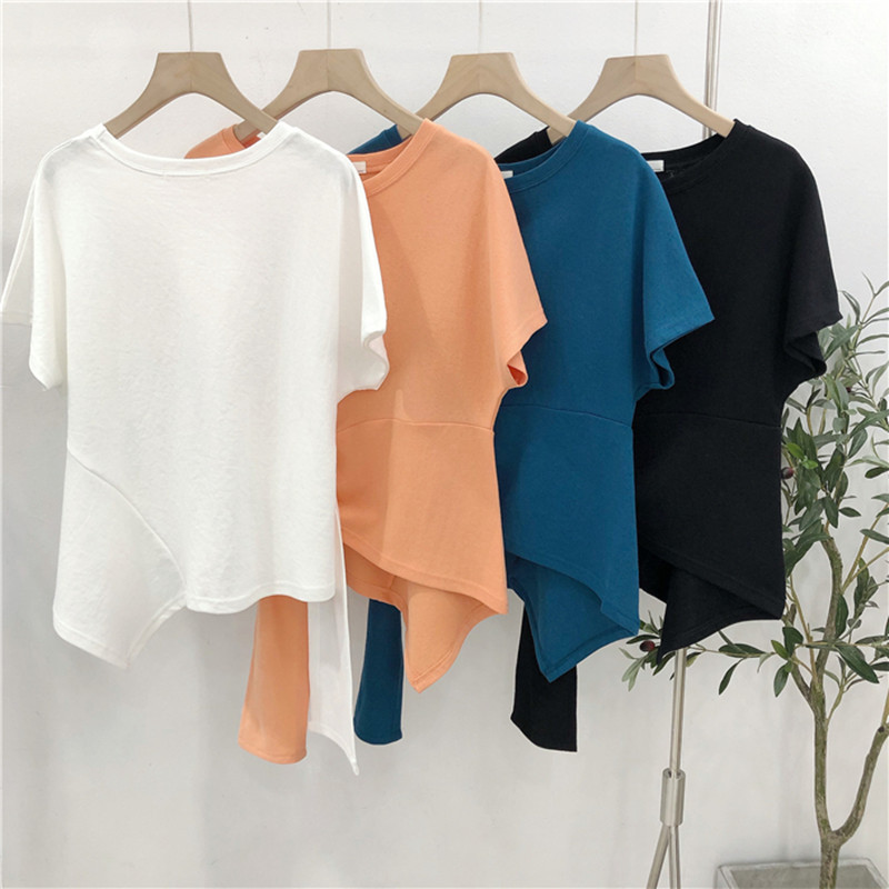 Short-sleeved T-shirt Women's Summer 2020 New Korean-style Solid Color Censored Design Sense Cross Irregular Western Style Top
