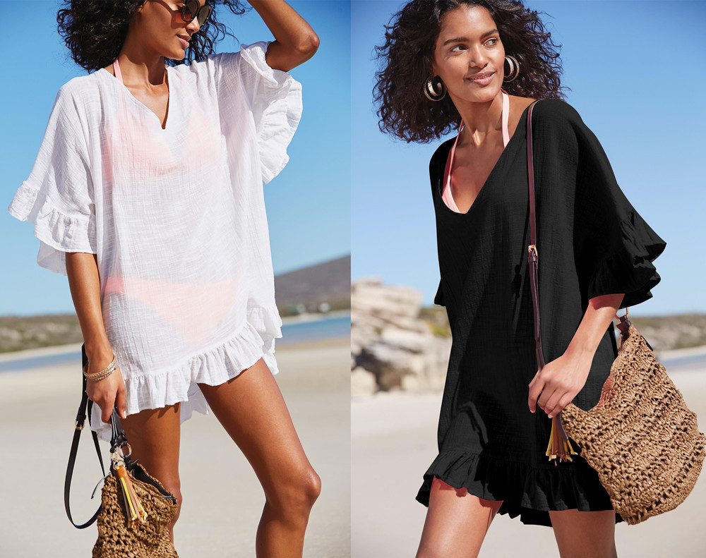 ins Explosive European and American Slub Cotton Strap Ruffled Bikini Beach Blouse Sun Protection Clothing