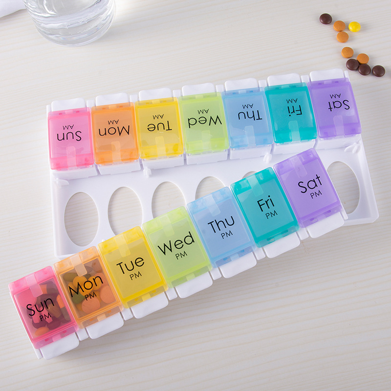 Pressurized bouncing medicine box, portable medicine box, morning and evening, one week 14-grid travel medicine organizer