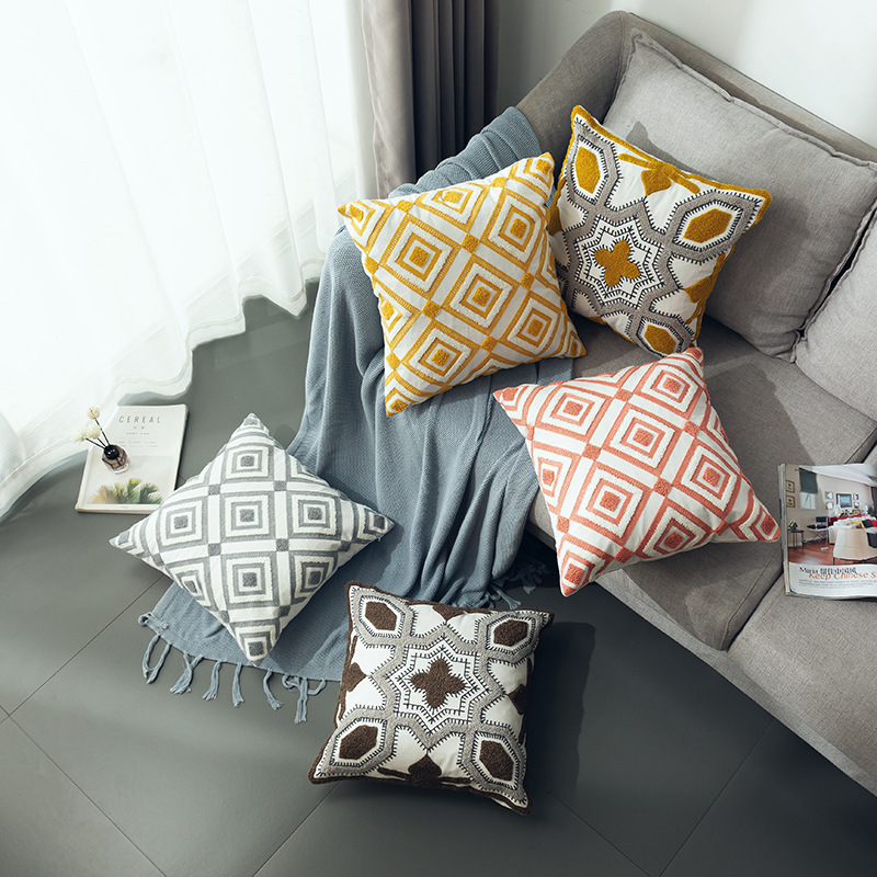 New Nordic style three-dimensional towel embroidery geometric pattern sofa cushion cover cotton embroidery pillowcase