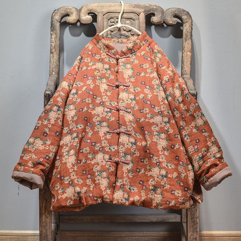 Naran/original plus size cotton and linen women's clothing Chinese cardigan stand collar casual cotton-padded clothes vintage printed warm cotton-padd_voghion.com