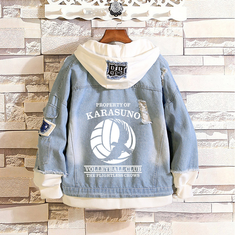 Volleyball Junior Wu Ye University Volleyball Department Rixiang Xiangyang Animation Men's and Women's Fake Two-Piece Hole Fashion Denim Jacket