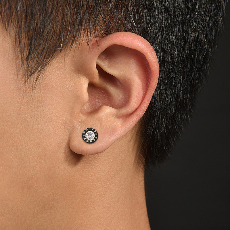 Cross-border source of Japanese and Korean punk style personality black titanium steel earrings hip-hop street fashion men's Roman numeral ear jewelry
