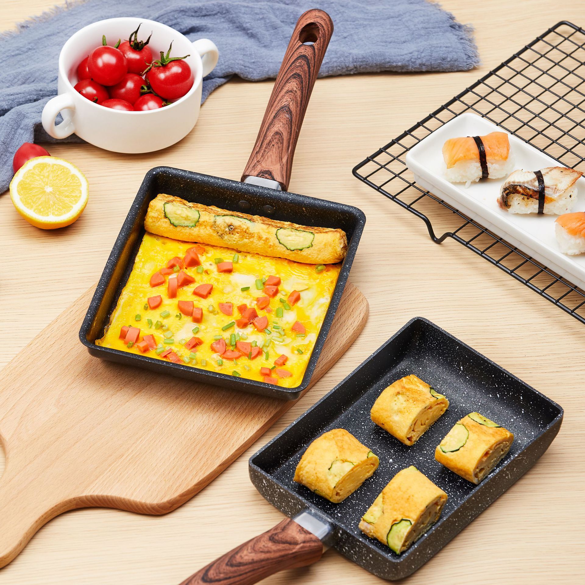 Cross-border Cookware Yuzi Boiled Square Mini Non-stick Maifan Stone Fried Egg Pan Household Flat Bottom Breakfast Pan Steak Frying Pan