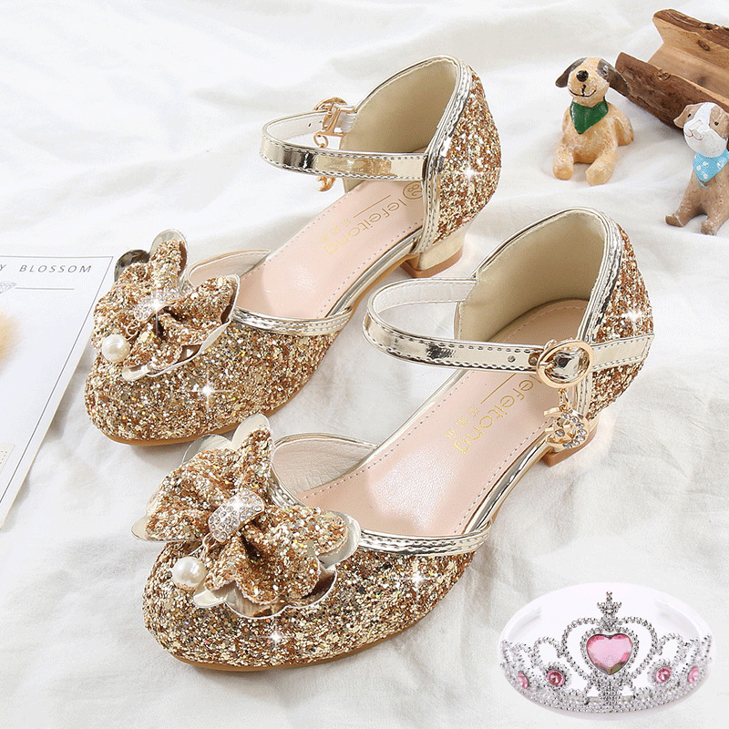 Girls High Heels Fashion Spring New Arrival Sequin Bow Shoes Children Dance Single Shoes Baotou Princess Shoes