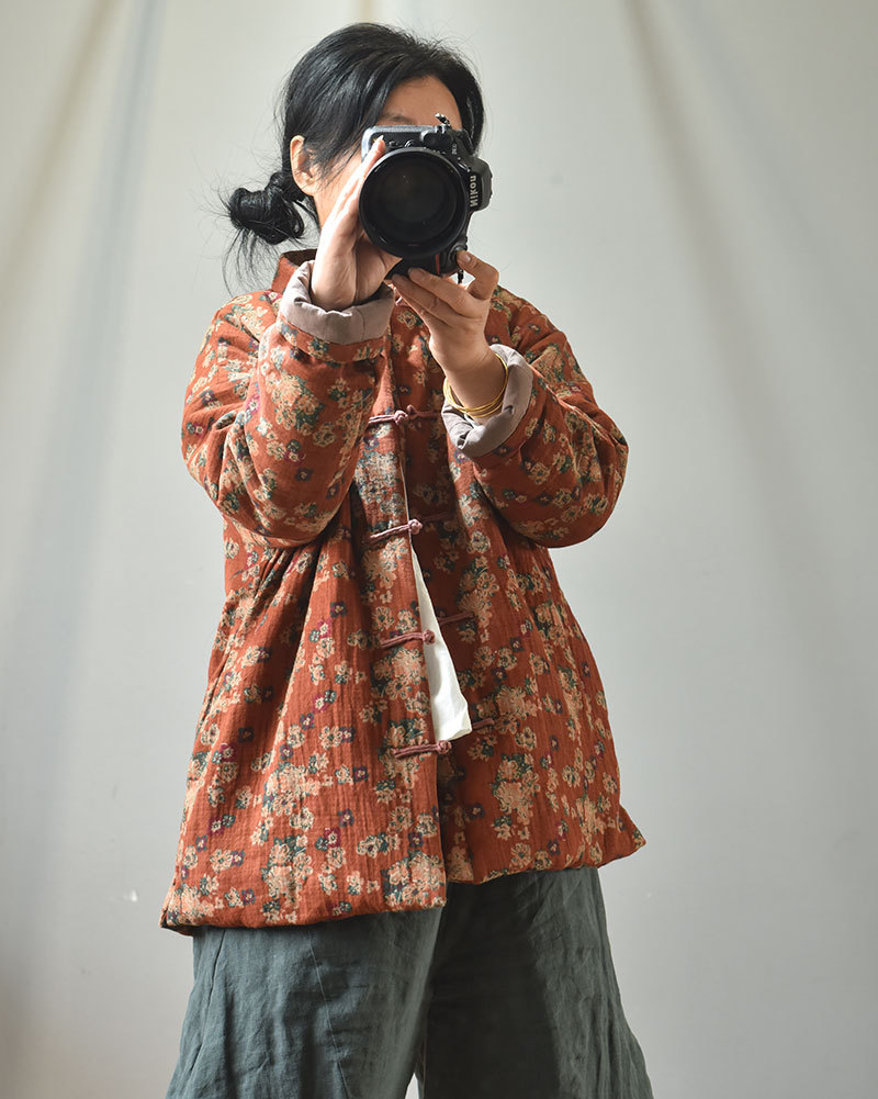 Naran/original plus size cotton and linen women's clothing Chinese cardigan stand collar casual cotton-padded clothes vintage printed warm cotton-padd_voghion.com