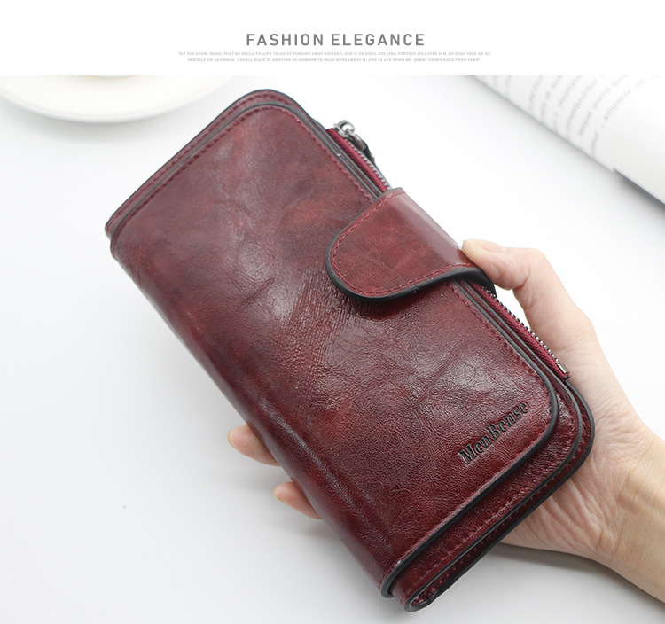 Stilvolle lange Geldbörse für Damen, einfaches Ölwachsleder, einfarbig, Münzgeldbörse, Clutch für Damen_voghion.com