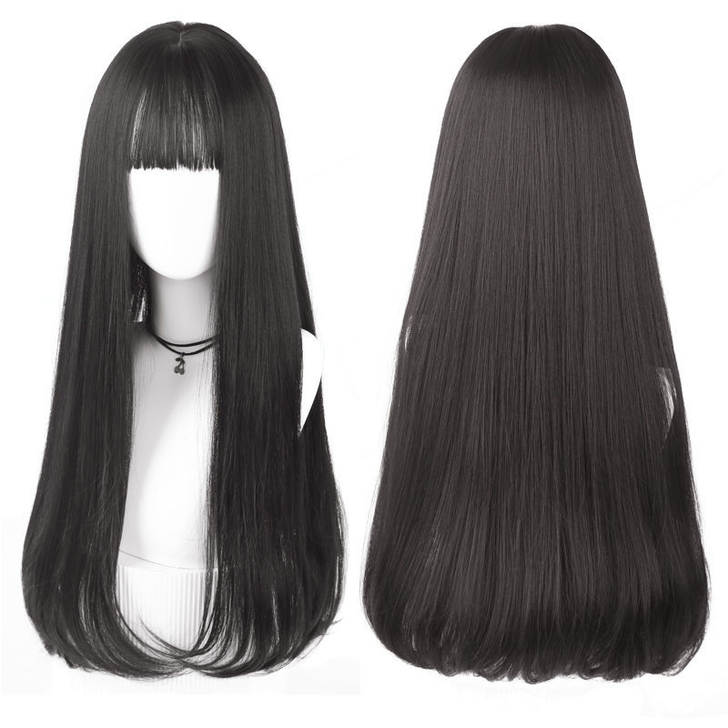 Wig Women's Long Straight Hair Natural Black Inner Buckle TikTok Temperament Face Repair Air Bangs Full Top Headgear