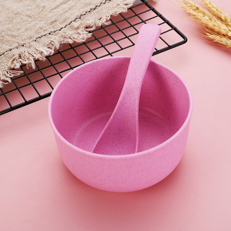Wheat Straw Bowl and Spoon Set Oatmeal Bowl Children's Outdoor Picnic Tableware Two-piece Set Four-color Gift Wholesale