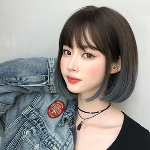 Fashion wig female short hair wave wave student head round face whole top headgear natural gradient color inner buckle straight hair wholesale
