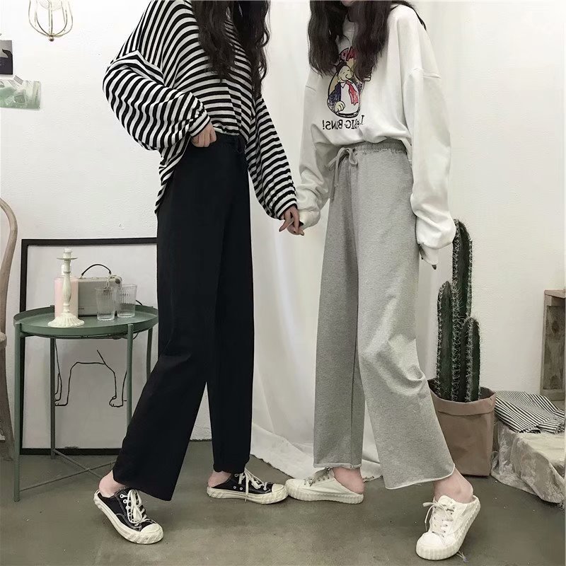 Women's 2025 Summer New Korean Style High-Waisted Droopy Wide Leg Pants with Elastic Waist Loose Casual Solid Color Nine-Segment Student Pants