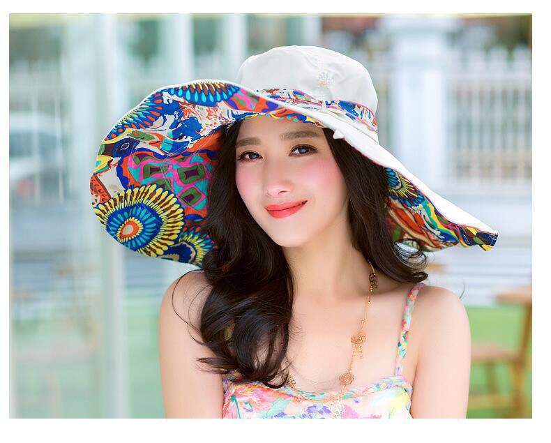 Hat Women's Summer Outdoor Sunscreen Big Rim Hat Bow Ribbon Foldable Double-Sided Beach Sun Hat